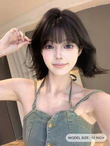 SHUDUO 1 Tóc giả tổng hợp ngắn màu đen-nâu chịu nhiệt, làm bằng sợi, thích hợp sử dụng hàng ngày, tự nhiên và chân thực (Không bao gồm phụ kiện) - Black-brown - Xem 2