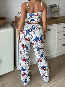 女士印花吊带露脐上衣 + 直筒弹力腰裤睡衣套装（2 件） - 白色 - 查看 3