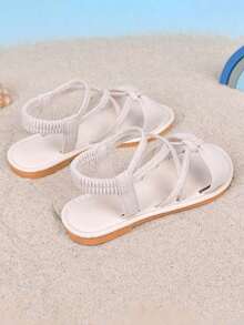 1 Pair Girls' Fashion New Slip-On Flat Sandals, Soft Bottom Non-Slip Children's Roman Sandals, Big Kids Beach Shoes, Suitable For Summer - Beige - View 9