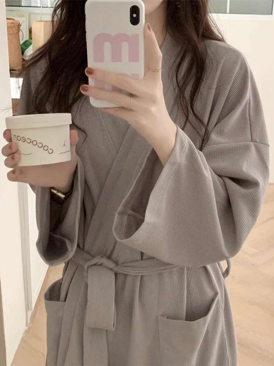 1pc Waffle Bathrobe, Unisex Adult Kimono Robe, Spring/Summer Yukata, Hotel/Spa Robe, Absorbent & Quick-Dry, Loose Fit, Multi-Color, Lightweight Quick-Dry Soft Robe With Adjustable Belt(The Product Runs Small, We Recommend Ordering One Size Up) - Multicolor - View 1