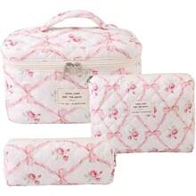 3PCS Quilted Bag Set Portable Aesthetic Large Capacity Quilt Cotton Floral Bag Set with Handle Zipper Closure Home Travel - inicial - Ver 1