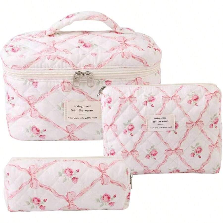 3PCS Quilted Bag Set Portable Aesthetic Large Capacity Quilt Cotton Floral Bag Set with Handle Zipper Closure Home Travel - inicial - Ver 1