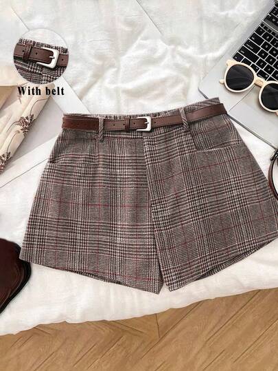 Plus Size Plaid Straight Leg Shorts, Non-Stretch Fabric, Short Design, With Belt, Fashionable For Everyday Wear