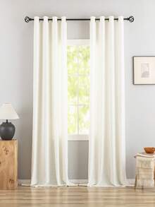 1/2pcs Cream Linen Blend Semi-Sheer Curtain, Translucent Privacy Curtain For Room, Balcony, Sun Shading - Beige - View 1