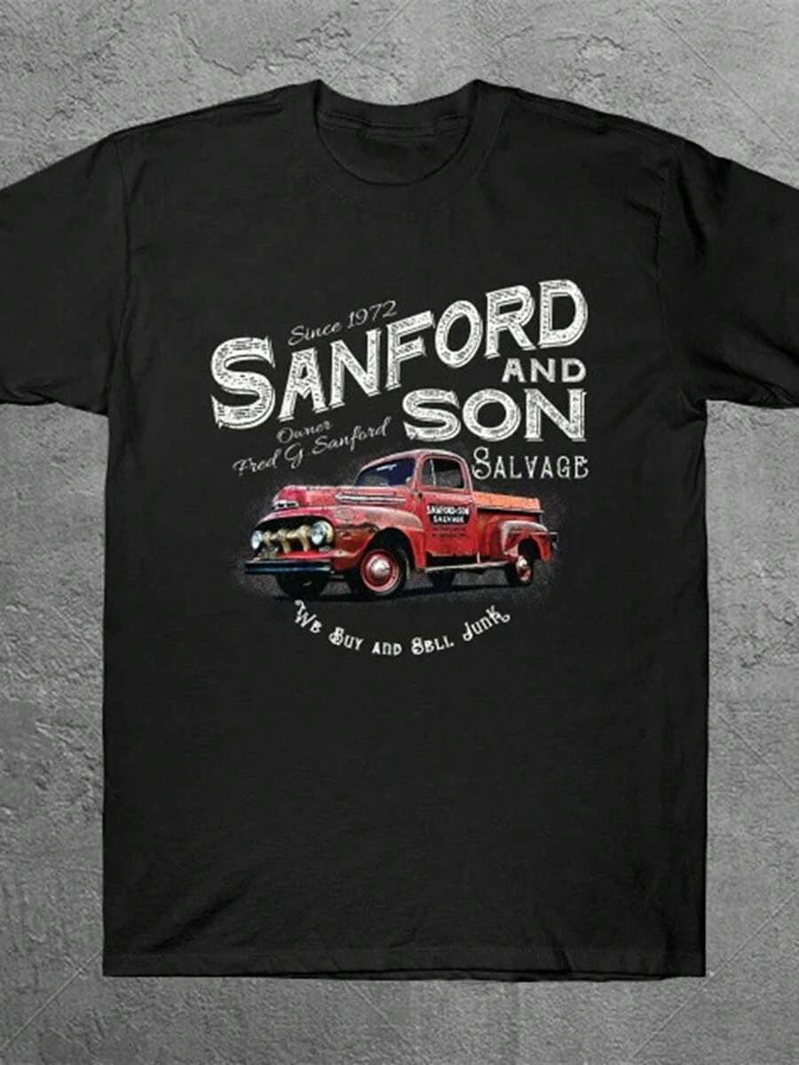 Camiseta gráfica vintage de camión rojo Sanford & Son para hombres - Camiseta de streetwear 100% algodón con diseño retro "Compramos y Vendemos Basura", camiseta casual de manga corta de ajuste regular, camiseta retro - Negro - Ver 1