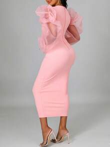 Women's Elegant Pink Mock Neck Dress - Lantern Sleeves, Bodycon Midi, Ideal For Evening, Office, Daily Outings & Party Occasions - 粉色 - 查看 5