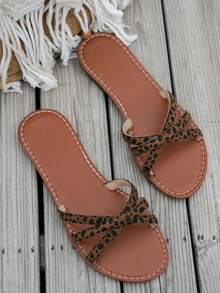 Sandalias planas de cuero sintético con estampado de leopardo y cruzado para mujer, para el verano - Estampado de leopardo - Ver 5