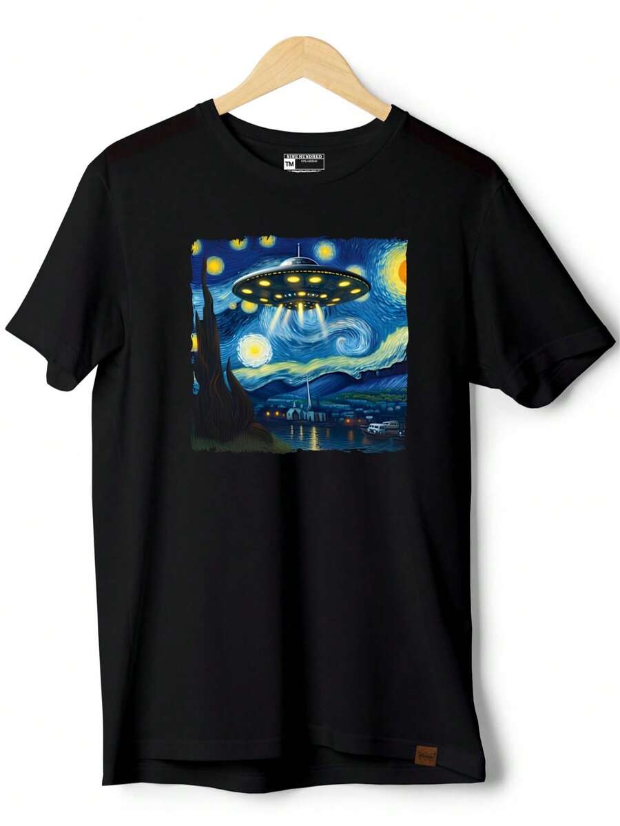 Men's Cotton T-Shirt Alien Starry Night ET - Black - View 1