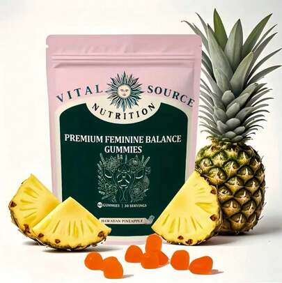 GWYNNE Vital Source Nutrition - Gominolas Premium para el equilibrio femenino - Para la salud y el bienestar de la mujer - Refuerzo inmunitario - Veganas, sin gluten - Piña hawaiana - 60 gominolas