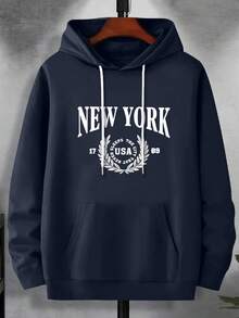 Fashion Print Hoodie, Men's Plus-Size Hoodie, English Print Hooded Hoodie With Kangaroo Pocket Plus-Size Men's Clothing, Suitable For Winter And Autumn, As A Gift, PLUS SIZE - 藏蓝色 - 查看 7