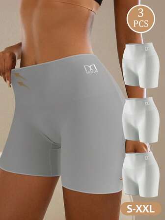 3 Pcs Solid Seamless High Waist Boyshorts - Ultra Comfy, Breathable, Stretchy, Tummy Control Intimates - Simple, Knit Fabric, Polyamide Material, Women Lingerie & Underwear