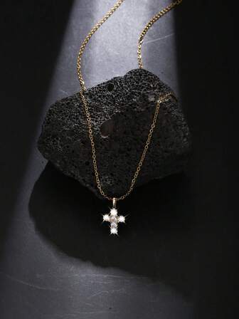 1 pieza Collar con colgante para hombre, collar con colgante de cruz de cobre y circonita, accesorio versátil para uso diario