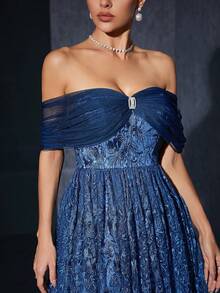 Vestido de línea A con un hombro, encaje floral y diseño de rhinestones MGIACY azul, elegante para damas en verano, boda, fiesta y vacaciones - Azul - Ver 4