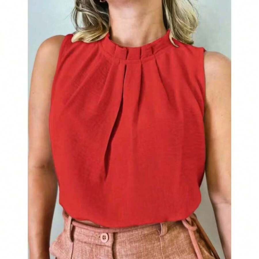 Women's Formal Tank Top With High Neck And Button Detail On The Back, Super Fashionable. - 紅色 - 查看 1