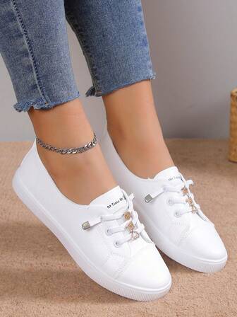 Women's New White Slip-On Casual Sneakers, Breathable Elastic Band With Golden Rhinestone Decor, Low-Top Round Toe Flat Shoes