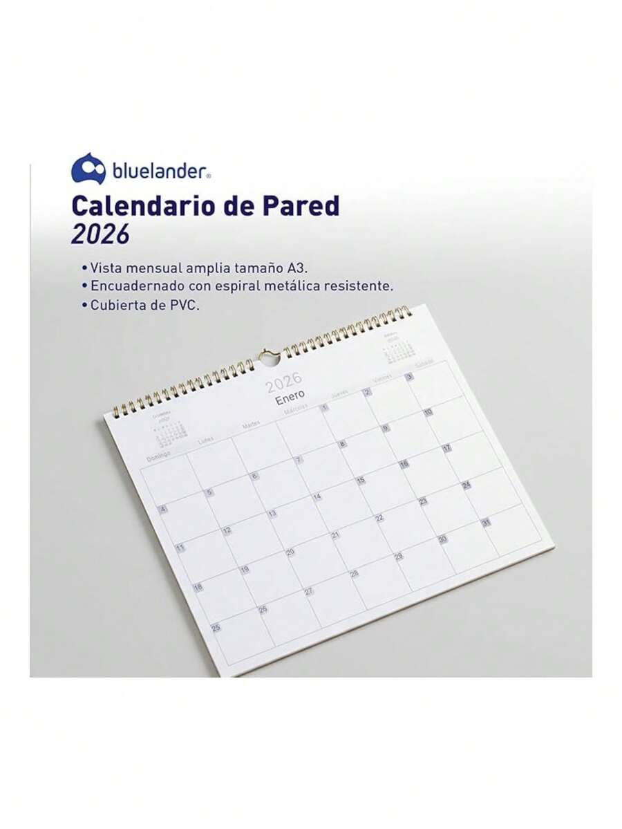 Calendario de Pared 2026 con Espiral (Tamaño A3 28 * 37.3 cm). Ideal para Oficina y Hogar/(Contiene 18 meses). Bluelander - Blanco - Ver 1