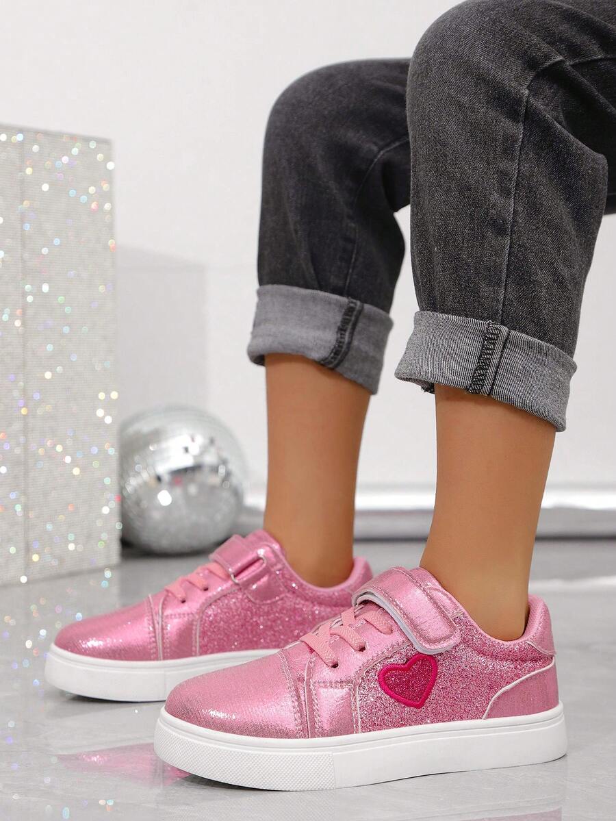 Girls' Heart Embroidery Hook And Loop Design Easy On/Off Bling Casual Sneakers - Hot Pink - View 1