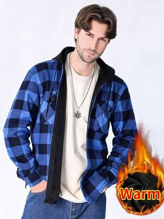男士加厚格子连帽衬衫，保暖内衬，长袖，秋冬款