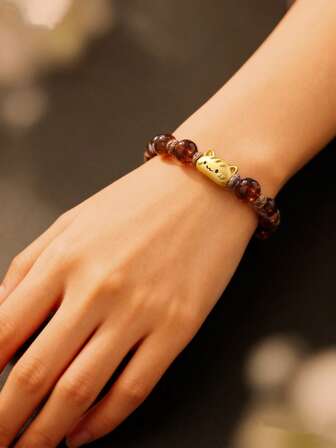 1pc Cute & Versatile Handmade Glass Bead & Rope Woven Cat Charm Adjustable Bracelet, Suitable For Women, Perfect For Vacation, Casual, Travel, Commute, Daily Wear