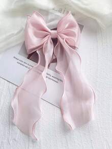 1 PC Women Hair Bow Light Pink Mesh Hair Ribbon Bow With Curly Tails Elegant And Gentle Hair Barrette Bow Hair Clip Hair Accessory For Women Daily Wear, Claw Clips, Hair Slide, Hair Barrettes, Head Accessories, Valentines Accessories, Hair Accessories For Women - Baby Pink - View 2
