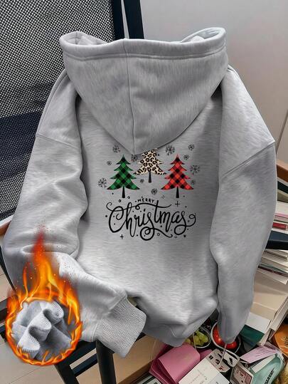 女士冬季字母“CHRISTMAS”三棵圣诞树豹纹格子印花雪花星星图案长袖抽绳连帽卫衣，带口袋，休闲宽松多功能风格上衣，秋冬女士时尚单品，适合日常穿着，也适合营造圣诞氛围