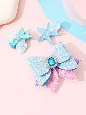 Set de 3 piezas de pasadores para el cabello de niñas con diseños elegantes y sencillos de concha, estrella de mar, perla y lazo, adecuados para uso diario, escuela, fiesta de cumpleaños, regalo de
