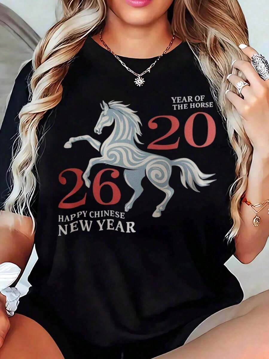 2026 Year Of Horse Happy New Year-Shirt Women, Loose Fit Graphic Tee With Horse Design, Festive Lunar New Year Apparel Celebrations And Gifts,220gsummer - màu đen - Xem 1