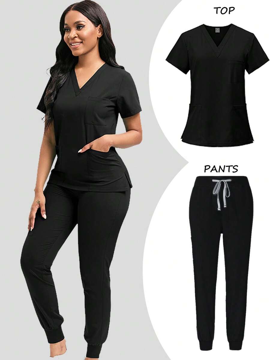 Women's Nurse Uniform Set, Including Elastic Top And Pants, Multi-Pocket Design Elegant - Black - View 1
