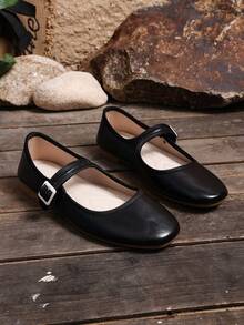 黑色PU方头平底搭扣乐福鞋，女士时尚漆皮休闲鞋，优雅莫卡辛鞋，适合春秋季、通勤和办公穿着，简约风格 - 黑色 - 查看 9