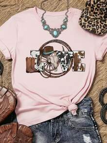 Camiseta femenina casual estilo vaquero con estampado de letras LOVE y elementos western, tela suave, corte holgado, cuello redondo, manga corta para primavera/verano fiestas al aire libre - Rosa - Ver 1