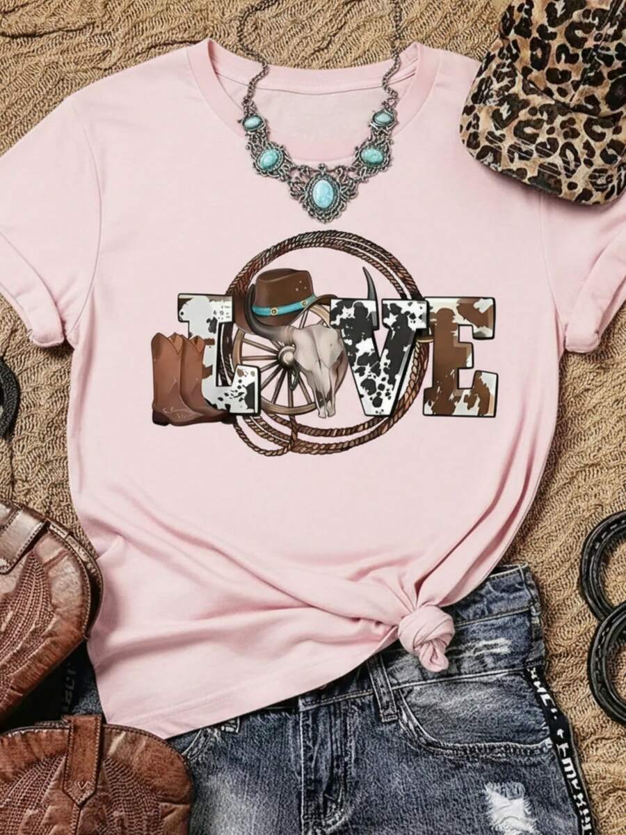 Camiseta femenina casual estilo vaquero con estampado de letras LOVE y elementos western, tela suave, corte holgado, cuello redondo, manga corta para primavera/verano fiestas al aire libre - Rosa - Ver 1
