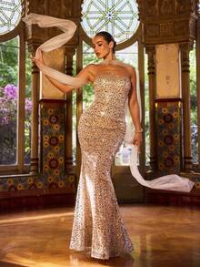Faeriesty Đầm dạ hội đuôi cá đính sequin và hạt cườm sang trọng, dài đến sàn - Lựa chọn lý tưởng cho đám cưới, dạ hội trang trọng, lễ trao giải và các bữa tiệc cao cấp, cũng là lựa chọn hoàn hảo cho trang phục đón năm mới. - Rượu sâm banh - Xem 6