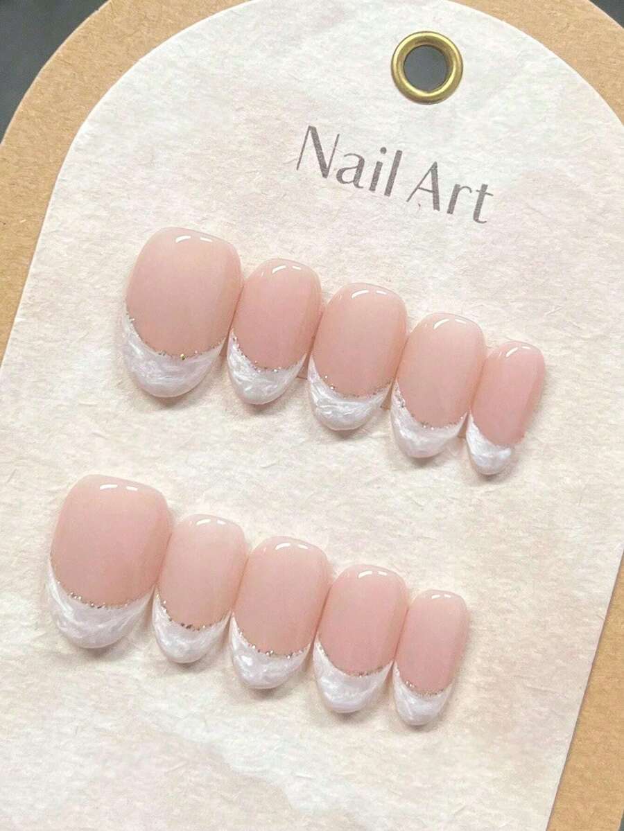 Hanmade 10 Piece Set Of Handmade Nail Art, Wearing Nail Art, Pink French Style Short Press Nail Art Patch, Quick Nail ArtJellyfish Texture French Design, Silver Shimmering Powder And Ink Accents,Press On Nails,Suitable For Daily Wear By Women And Girls - Multicolor - View 1