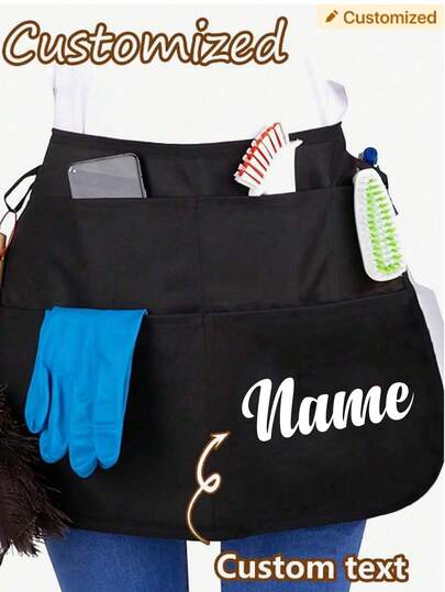 1pc Customized Name Black Work Half-Waist Apron, , Lightweight Waist Half Aprons With 4 Pockets, Large Capacity Black Short Serving Aprons For Women Waiters Water-Resistant, Adjustable Work Apron, Portable Half-Length Apron, Storeable Work Supplies, For Hair Salon/Restaurant, Home, New Year'S Gifts, Valentine'S Day Gift