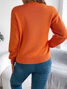 Stylish Women's Round Neck Long Sleeve Orange Sweater Regular Length Knitted Fabric With Hollow Out Accents For Casual Wear - 橘色 - 查看 5