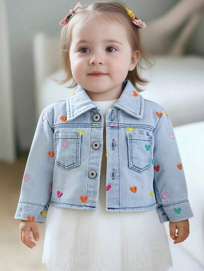 全新设计女婴不对称心形刺绣休闲牛仔夹克