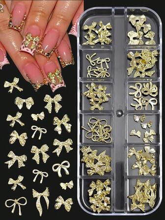 12 Griglie Decorazioni per Unghie Stile Giapponese Kawaii, Accessori per Unghie, Forniture per Unghie per arte di unghie Fai-da-Te, Saloni, Charms per Unghie a Fiocco Metallico Dorato in Stili e Dimensioni Misti