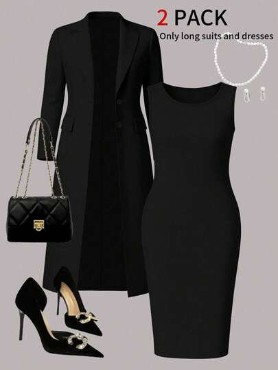 Plus Size Women 2-Piece Set, Elegant Outfit: Solid Color Minimalist Long Cardigan Jacket + Sleeveless Bodycon Midi Dress, Suitable For Commuting And Daily Wear, Spring/Autumn/Winter Black