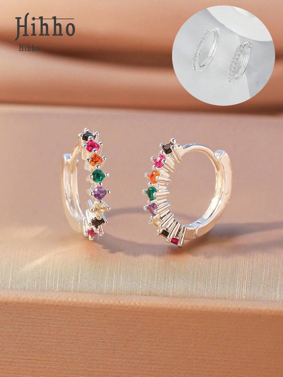 Hihho 1 Cặp bông tai tròn khảm đá Zirconia nhiều màu thời trang tối giản, phụ kiện trang sức cá nhân hóa làm quà tặng cho các cô gái, tiệc ngày lễ tình nhân - Bạc - Xem 1