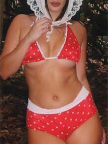 Women Halter Neck Triangle Bikini Sets Vintage Aesthetic Bathing Suits Summer Boy Shorts Swimsuit Y2k Swimwear - 紅色 - 查看 1