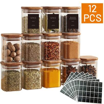 Minimalist Kitchen 12pcs 8oz Mini Square Glass Spice Jars With Dark Acacia Wood Lids And Black Labels, 12 Packs 250ml Clear Spice Organizer Containers Spice Bottle Jars Set With Waterproof Stickers For Pantry Organization, Perfect Gift For Cooking