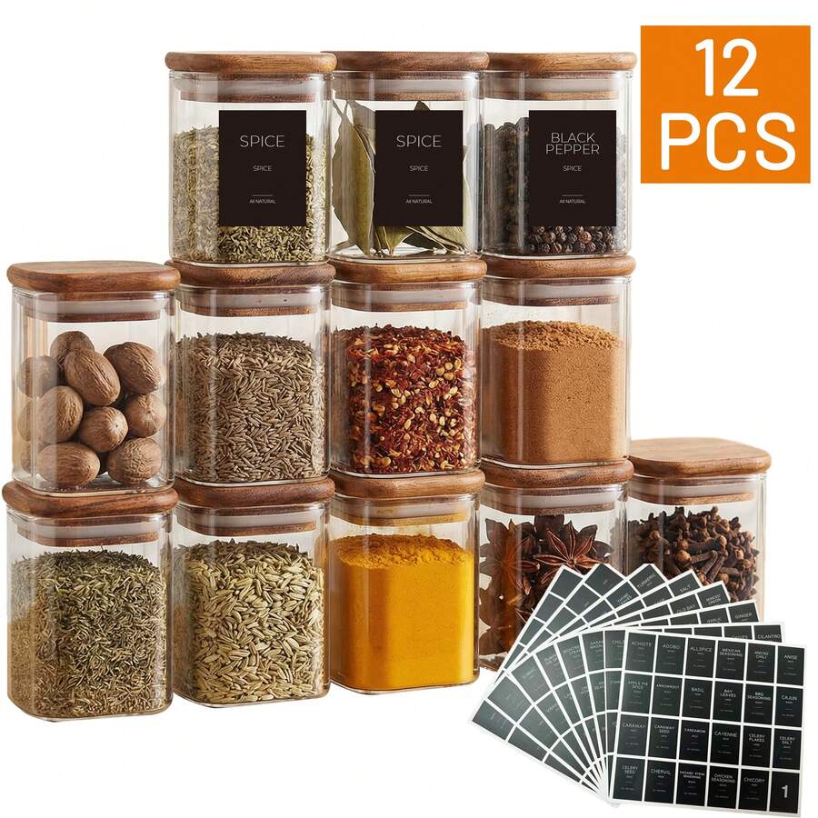 Minimalist Kitchen 12pcs 8oz Mini Square Glass Spice Jars With Dark Acacia Wood Lids And Black Labels, 12 Packs 250ml Clear Spice Organizer Containers Spice Bottle Jars Set With Waterproof Stickers For Pantry Organization, Perfect Gift For Cooking - 12pcs 8oz jar set with acacia wood lid - 查看 1