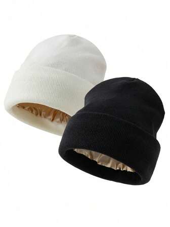 2pcs/Set Plus Size & Width Men's Fashion Satin Lining Smooth Knit Hat, Suitable For Autumn/Winter Daily Warmth And Cold Protection Men Winter Head