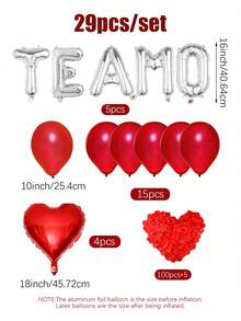 29件套“Te Amo”爱心字母气球套装，包含红色、银色、金色“我爱你”气球、红色心形气球和500片红色玫瑰花瓣，适用于求婚、婚礼、单身派对、生日、周年纪念日、情人节装饰。 - 彩色 - 查看 11