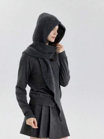 1pc Women's Solid Color Knitted Triangle Hooded Scarf, Cute Street Style Nylon, Fashion Versatile & Playful, Suitable For Indoor/Outdoor Commute Wear, Autumn/Winter