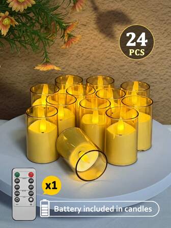 6/12/24-delars set med flamlösa ljus med timer/fjärrkontroll, realistiska glasljushållare, batteridrivna flamlösa önskeljus för hem, bröllop, fest, halloween, jul, matbord, högtidsdekor