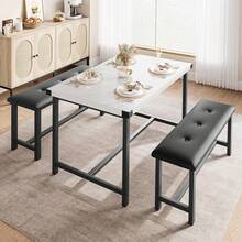 3 piezas Blanco Mármol Juego de Comedor Industrial Moderno con Mesa y 2 Bancos para Espacios Pequeños, Comedor y Apartamento - Blanco y Negro - Ver 2