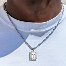 قلادة رجالية من الفولاذ المقاوم للصدأ 304 بنمط هندسي هيب هوب مع 26 حرف أولي، مناسبة للارتداء اليومي وكهدية عيد ميلاد للحبيب - فضي - مشاهدة 5