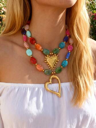 1pc Bohemian Style Fashionable Luxurious Elegant Exquisite Titanium Steel Colorful Beaded Heart Necklace, Suitable For Women, Sisters Or Couples, Perfect For Valentine's Day, Casual Dates, Parties, Holidays, Or Vacation Accessories