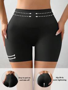 1/2 pieza Shorts De Compresión Para Mujer De Cintura Alta En Color Sólido,Bragas sin costuras con forma para mujeres, shorts de deslizamiento, ropa interior de control de abdomen - Negro - Ver 3